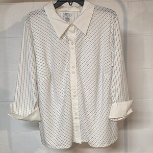 JPR Separates Womens 1X White Black Pinstripe Button Blouse Contrast Cuff Office